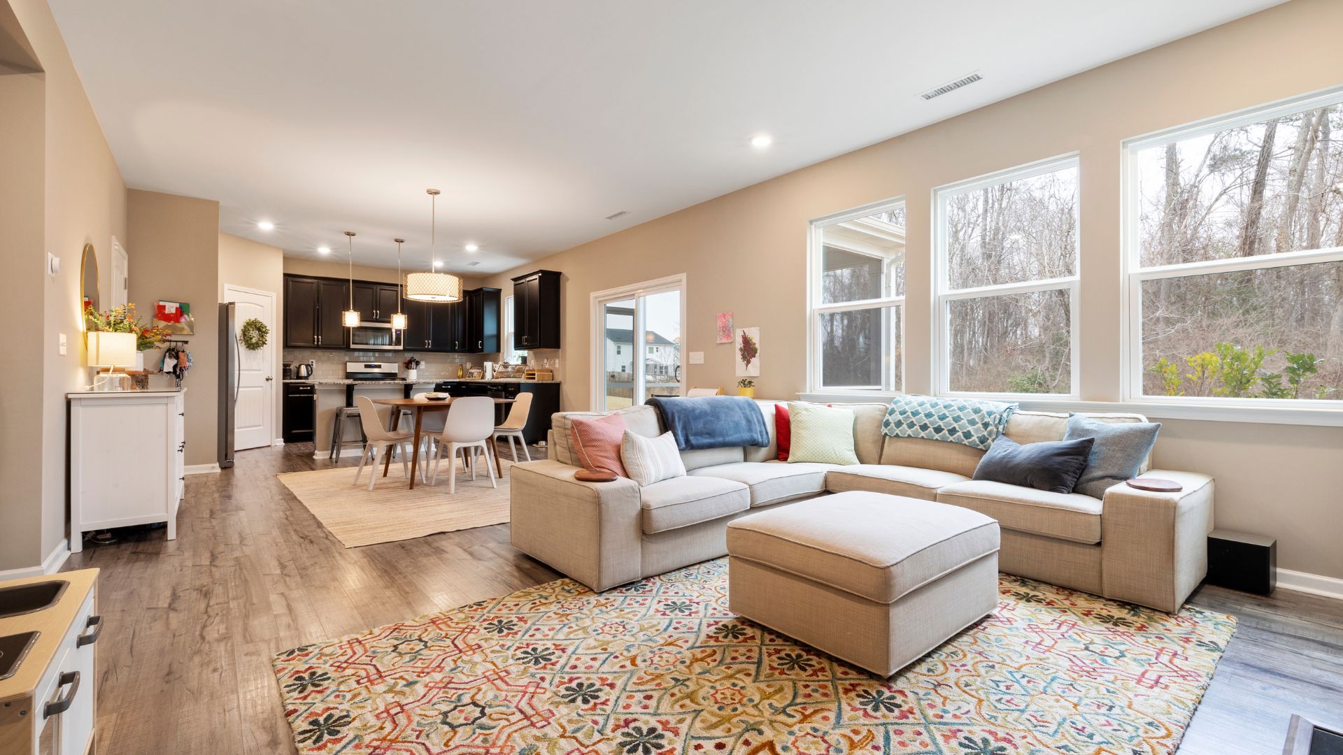 Modern open-concept living room and kitchen with colorful rug and large windows