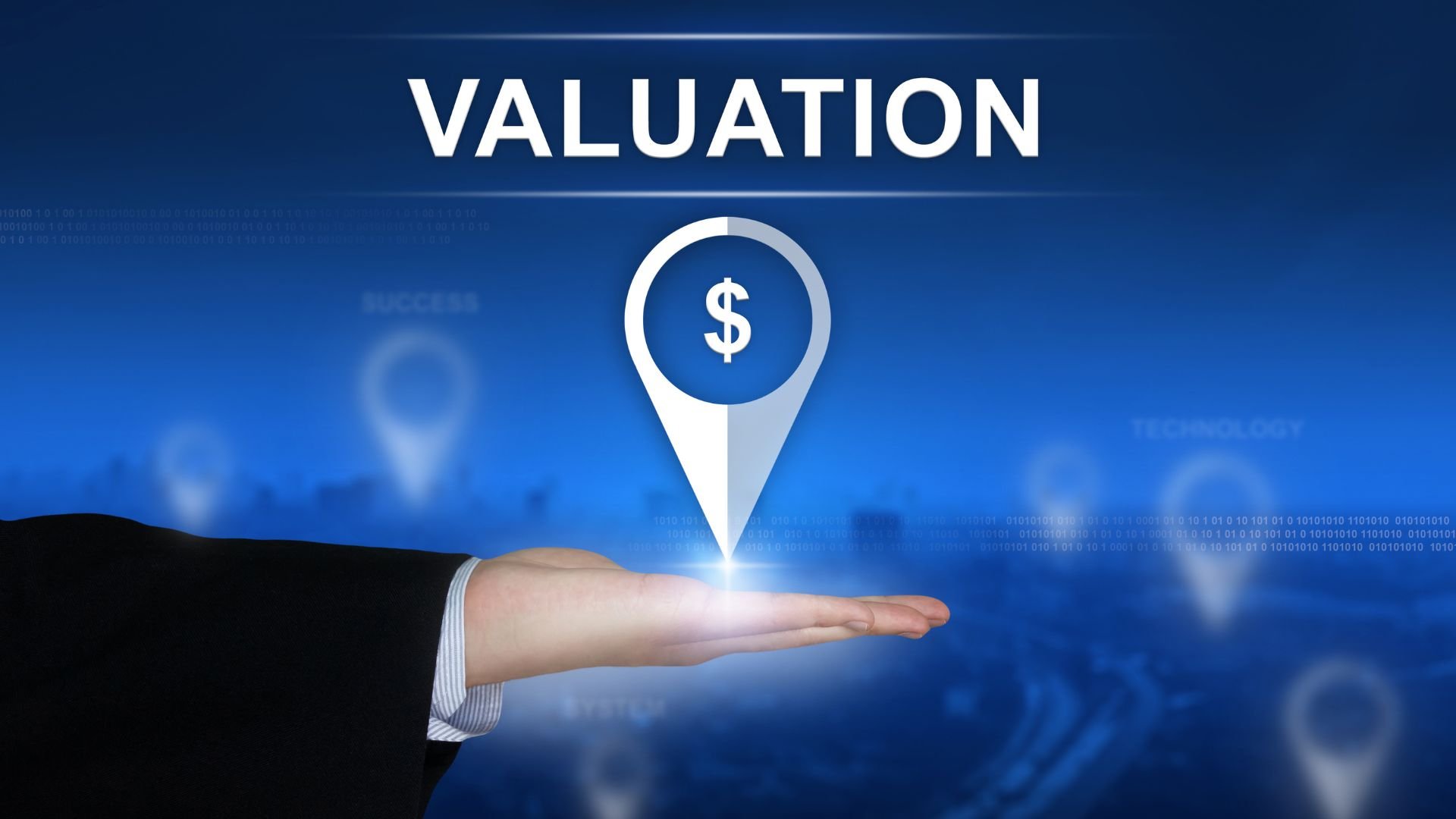 Hand holding holographic location pin with dollar sign for business valuation